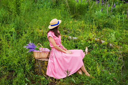 女士穿着漂亮裙子的女孩坐在森林的树桩上篮子里的一束羽扇豆穿着漂亮裙子的女孩坐在森林里的树桩上篮子里的一束羽扇豆浪漫收成图片