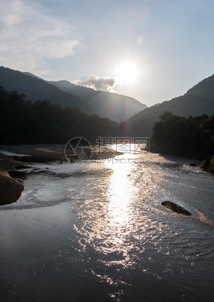 环境支撑黎明公园森林中清澈的河流上日出时的休眠图片