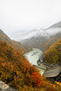 风景Japan秋天有雾雨的山谷中电力大坝丰富多彩的季节图片