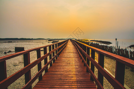 走清晨在海边和滩阳光下旅行的红桥大自然中的美丽象征老图片