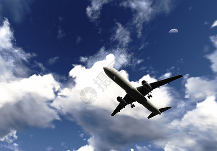 假期土地白色客机以3D软件在蓝天空中飞行的白色客机顶峰图片