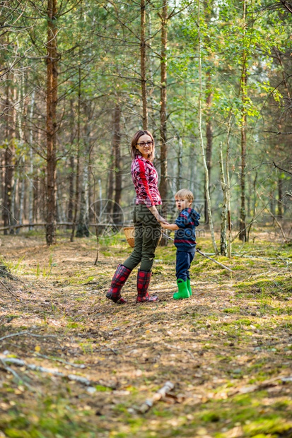 女士远足人们儿童在森林中行走时在森林中采摘甘蔗和蘑菇家庭在森林中行走图片