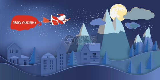 小猫圣诞老人骑扫帚拉大袋子里面装着在房子和大山上在满月之夜全圣诞概念矢量插图季节包含图片
