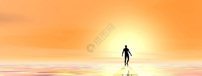 数字的逃脱复活一个男人在橙色背景下走向黄光的人小轮廓进入光3D图片