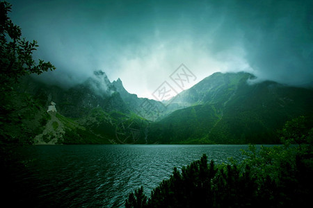 树山中的雾和乌云山中的湖森林高图片