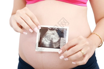 胃保持怀孕妇女肚子和白底超声波过色的图片
