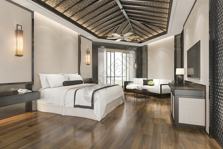 3d在度假旅馆和村提供豪华热带卧室套房闲暇建筑学软垫图片
