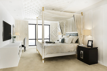 3d在酒店和度假村提供豪华旧式卧室套房枕头墙装饰风格图片