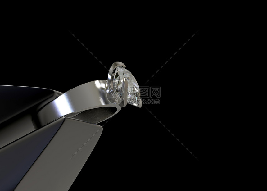 单身的3d关于钢粘紧纯钻石环并用黑色复制空间背景上分离的剪切路径嵌入纯钻石环的3d透视角礼物闪耀图片