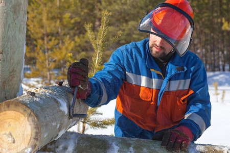 塔冬天技术的蓝色穿服工人在冬季森林背景上支持电线以撑这些电线图片