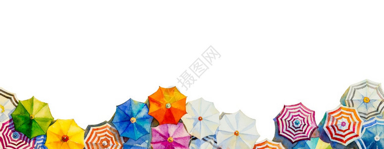户外小册子美丽的多色伞形雨水彩绘画顶端景色夏季假日和旅游商业海滩度假胜地市场纹理白背景手工油漆抽象图示复制空间图片