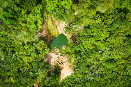 绿色多米尼加萨马纳半岛丛林中ElLimon瀑布的空中风景惊人的热带森林从上至下的级联夏季奇幻外观无人机风景优美图片