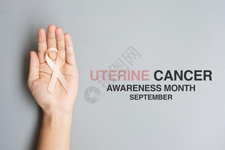 女士活动9月日提高美国癌症意识月女手握着桃子丝带支持人们生活和疾病保健以及世界癌症日的理念预防图片