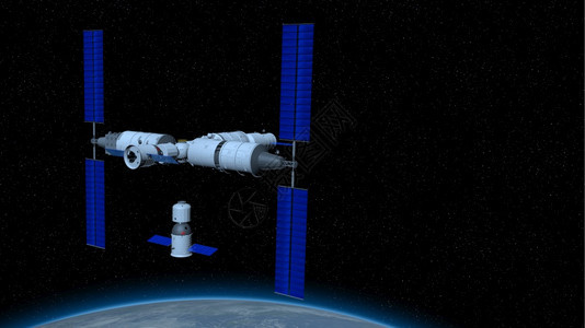 宇宙黑色的神舟载人飞船在与天宫三号中的河核心舱耦合的方向空间站与行星地球在黑色空间与星背景3D插图神舟载人飞船在耦合到天宫三号的图片