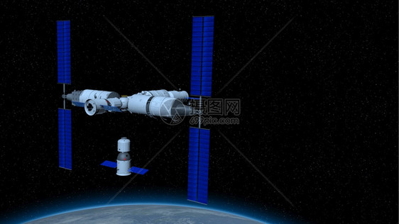 宇宙黑色的神舟载人飞船在与天宫三号中的河核心舱耦合的方向空间站与行星地球在黑色空间与星背景3D插图神舟载人飞船在耦合到天宫三号的图片