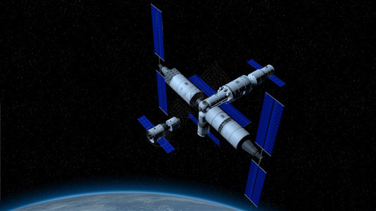 未来派旅行神舟载人飞船在与天宫三号中的河核心舱耦合的方向空间站与行星地球在黑色空间与星背景3D插图神舟载人飞船在耦合到天宫三号的图片