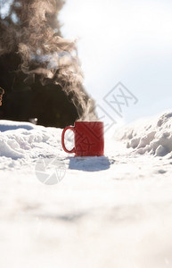 在寒冷的新鲜白雪中蒸一杯热咖啡茶或巧克力牛奶冬天舒适饮料下雪天的概念背景在自然美中寒冷的新鲜白雪中蒸一杯热咖啡茶或巧克力牛奶喝雪图片