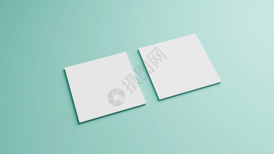 桩桌子白色平方形商务卡模型堆叠在绿色薄荷糊面彩表背景颜上的白方形纸牌标记展示模板打印25x英寸纸张尺覆盖3D插图身份图片