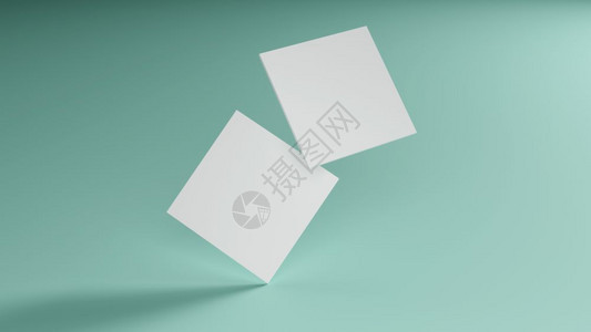 白色平方形商务卡模型堆叠在绿色薄荷糊面彩表背景的绿薄膜纸牌彩表格背景上品牌展示模板打印35x2英寸纸张尺覆盖3D插图空的纸板粉彩图片