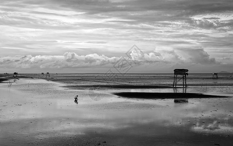 惊人的灰色场景在阴云天空下越南海滩上的孤单男子在湄公河三角洲海滩黑沙上望塔白色的水图片