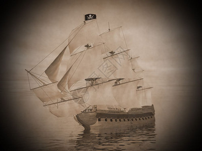 导航行黑暗的悬挂色JollyRoger旗的海盗船和在上漂浮的阴云日落海盗船3D图片