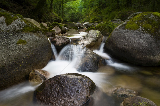 山河清澈水中大卵巨石流淌在山河清澈的水中模糊秋天岩石图片