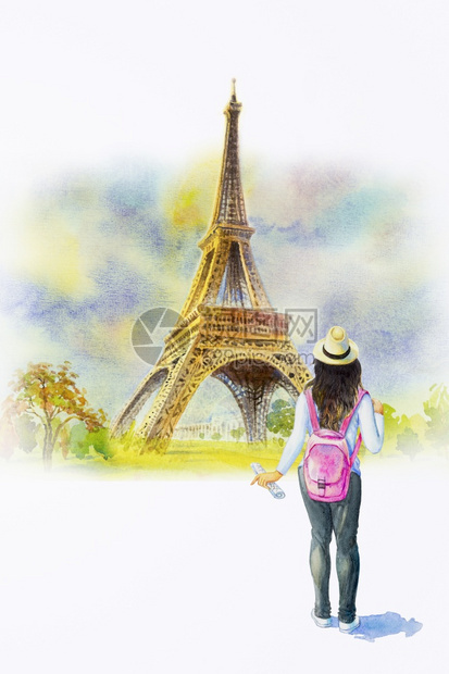 法语国埃菲尔塔青年女游客和粉红色背包水彩画法国巴黎欧洲城市地貌艾菲尔塔年轻女旅游者以及白背景的暑假旅行色泰国女士图片