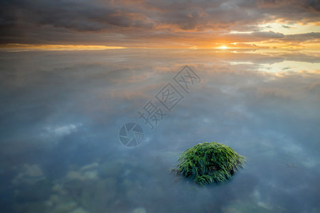 美日落的海景观视着美丽的日落大云和地平线太阳的反光墙纸雄伟一种图片