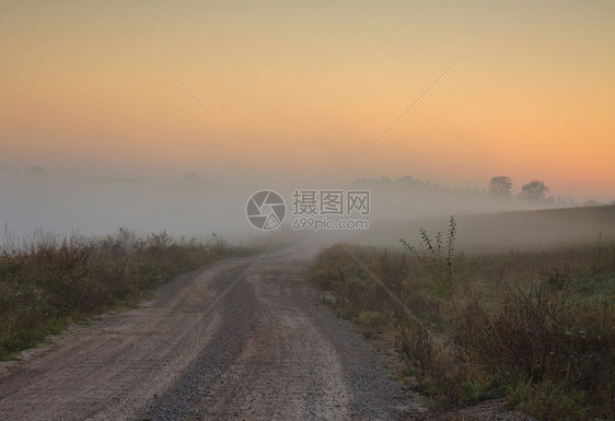 草甸在地之间有一条泥土路的景观消失在浓密的雾中由太阳升起所美化的光辉闪烁其背景是蓝色的天空覆盖着雾10月波兰秋天风景优美污垢图片