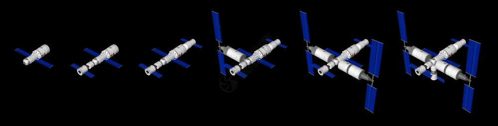 天工部件全球的具有TIANHHE核心模块的3号空间站组装序列沈州载人航天船和黑色3D型天州自动补给车辆三维黑色背景3号空间站组装顺序设计图片