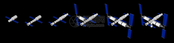 部件全球的具有TIANHHE核心模块的3号空间站组装序列沈州载人航天船和黑色3D型天州自动补给车辆三维黑色背景3号空间站组装顺序图片