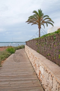 海滩马洛卡六月7在西班牙巴利阿里群岛Mallorca岛的Balearic岛停靠在海湾和灰色天空的夏轮船停泊在海湾和灰色天空图片