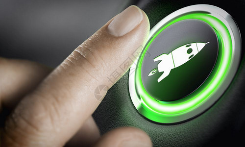 战略使用火箭图标黑色背景和绿光灯的推力按钮人用手指振动钮将摄影与3D背景启动概念相结合Boost按钮职业加速器企家产品图片