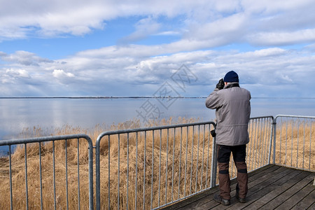 观鸟者在瑞典奥兰德岛海边平台上观测鸟在月台进行观测娱乐积极的图片