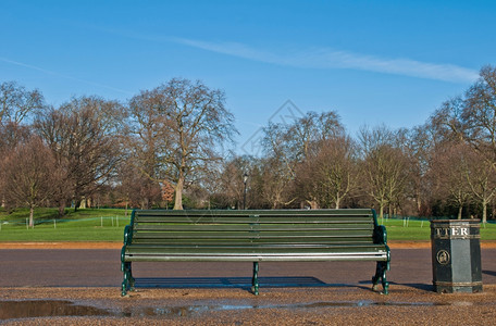 天空英国伦敦Hyde公园的木绿色长椅和垃圾场景单身的古董图片
