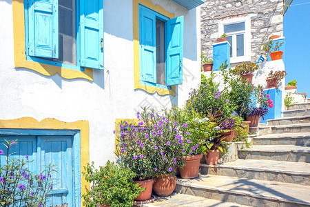 传统的希腊萨莫斯Kokkari市中心有梯子和花盆的小巷游客夏天图片