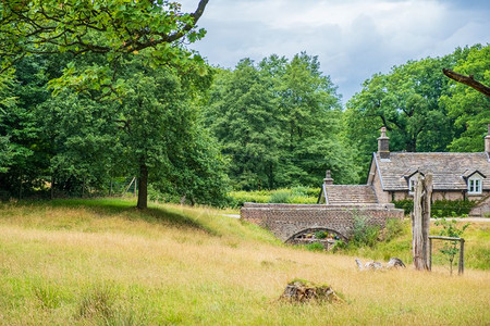 场景联合王国Cheshire峰克区Lyme公园内由树木环绕的一座传统农村房屋和石桥的古老景象林地屋顶图片