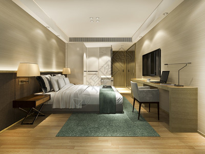 3d提供美丽的豪华卧室套房在酒店和浴室附近的工作桌地面现代的扶手椅图片