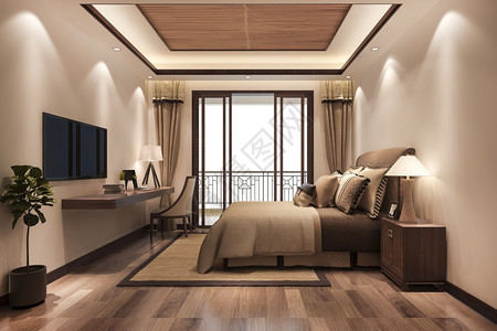 阁楼室内的扶手椅3d提供美丽的最低奢华豪Asian卧室套房在酒店与电视图片