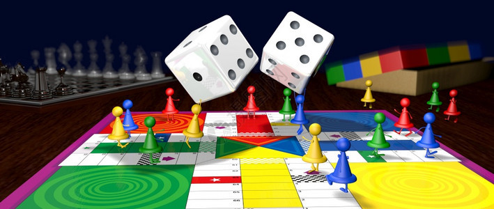 家幻想红色蓝黄和绿棋盘游戏筹码脚和手在棋盘上行走而两个筹码在游戏中间掷骰子桌底部有一个国际象棋和盒子3D插图红色蓝黄和绿棋盘游戏图片