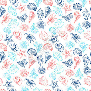 海螺扇壳和星矢量无缝模式海洋生命物有色图画海胆自由手轮形鱼下动物雕刻壁纸包装纺织设计海壳收集病媒的无丝型海壳收藏图片