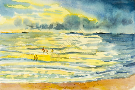 夏天的航海滨原始绘画家庭渡假对水的反光云层背景中的多彩和情绪化图片