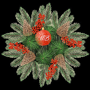设计要素准备用于卡片贴纸印刷张圣诞树加甘园设计图上配有锥壳和霍利植物浆果的海报手常绿锥体图片
