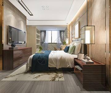 休息蓝色的斯堪纳维亚语3d提供美丽的豪华卧室套房在酒店与电视图片