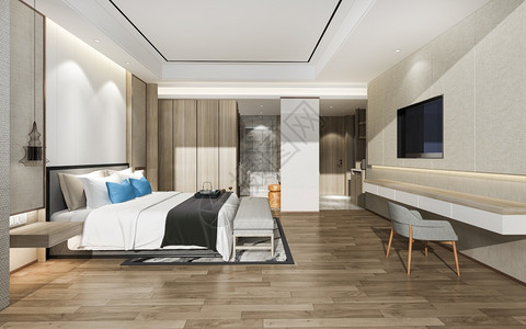 白色的3d提供现代蓝色豪华套房和浴室墙活的图片