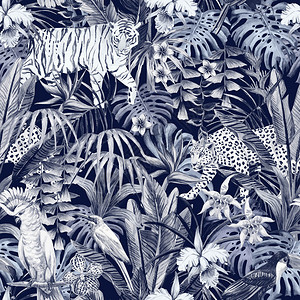 老虎树由人工水绘制的动物鸟类热带植物和花卉的颜色构成用一种颜色的蓝样式背景无缝插图花的图片