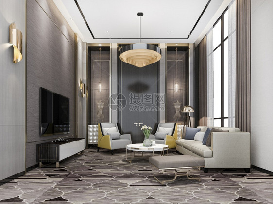 棕色的3d提供经典豪华客厅大休息室用吊灯和装饰地面家具图片