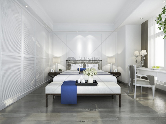 房间放松枕头3d在有电视和工作桌的旅馆提供美丽蓝色旧卧室套房图片