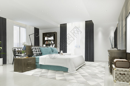 床3d在有电视和工作桌的旅馆提供美丽豪华蓝色卧室套房公寓蓝色的图片