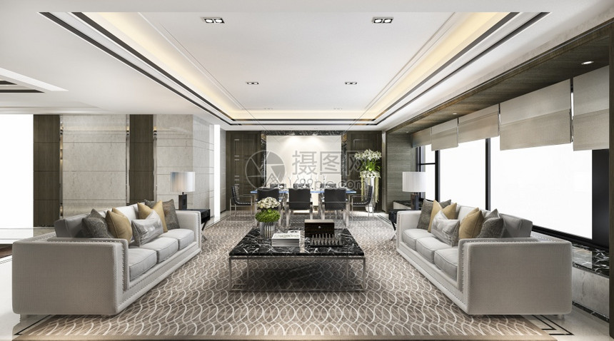 3D提供经典豪华客厅大休息室枕头窗户棕色的图片